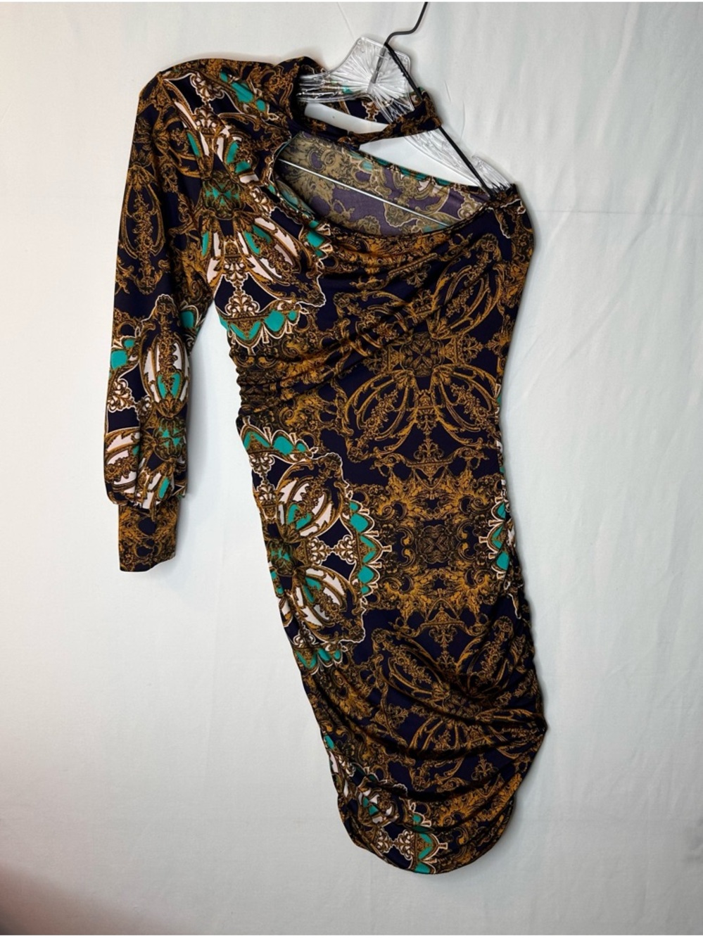 Symphony One-Shoulder Bodycon Dress in Black, Gold and Teal S